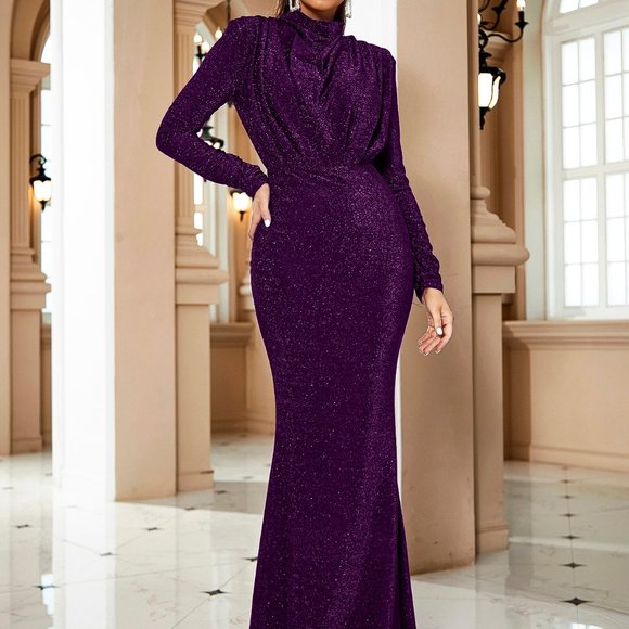 Brand New Draped Front Mock Neck Glitter Formal Gown Purple - Picture 4 of 6